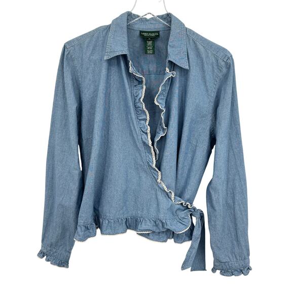 Vintage Ralph Lauren blouse 14 full wrap chambray ruffle long sleeve eyelet blue - Picture 1 of 6